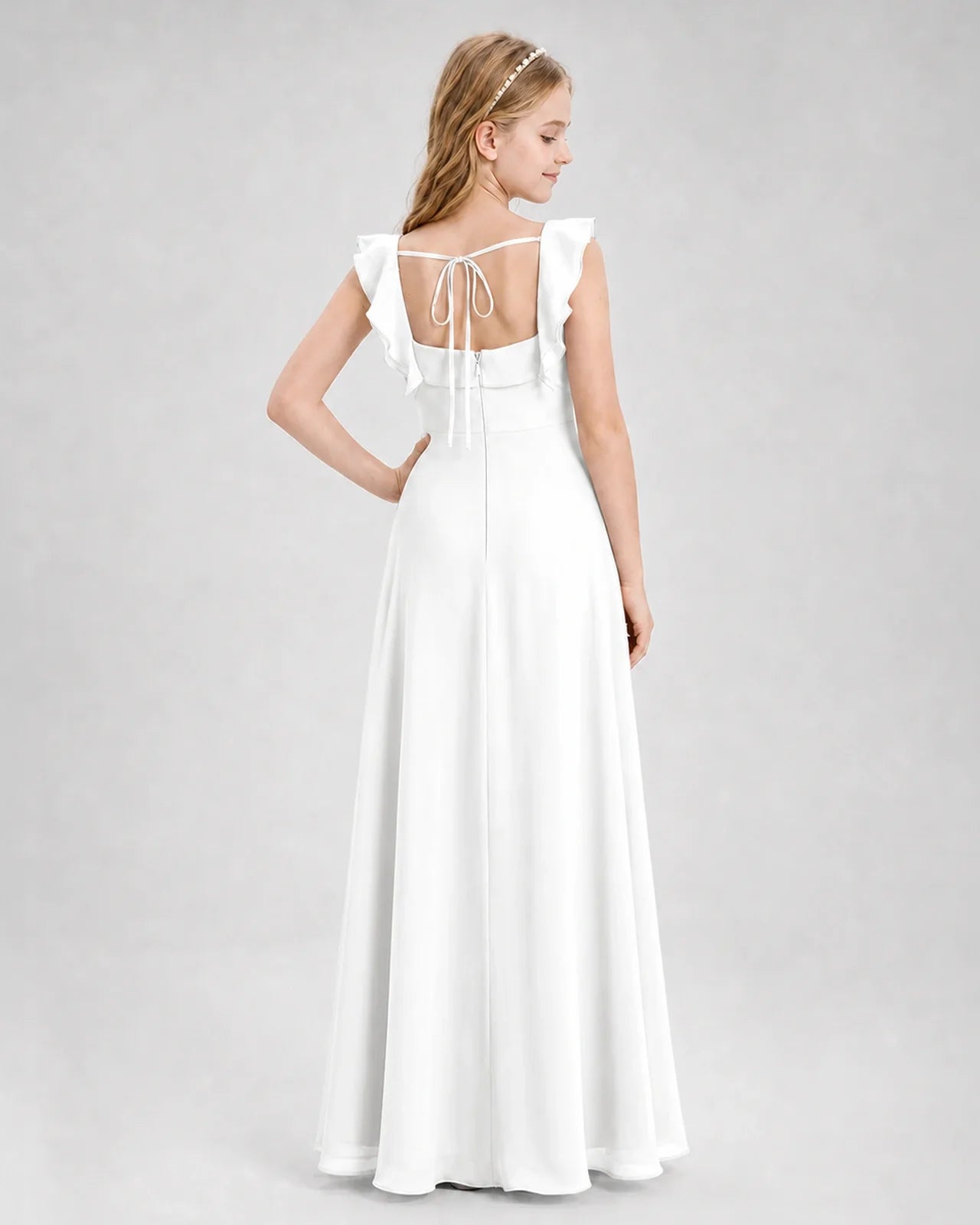 Dideyttawl Square Neck Ruffle Chiffon Junior Bridesmaid Dress with Slit