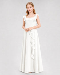 Dideyttawl Square Neck Ruffle Chiffon Junior Bridesmaid Dress with Slit