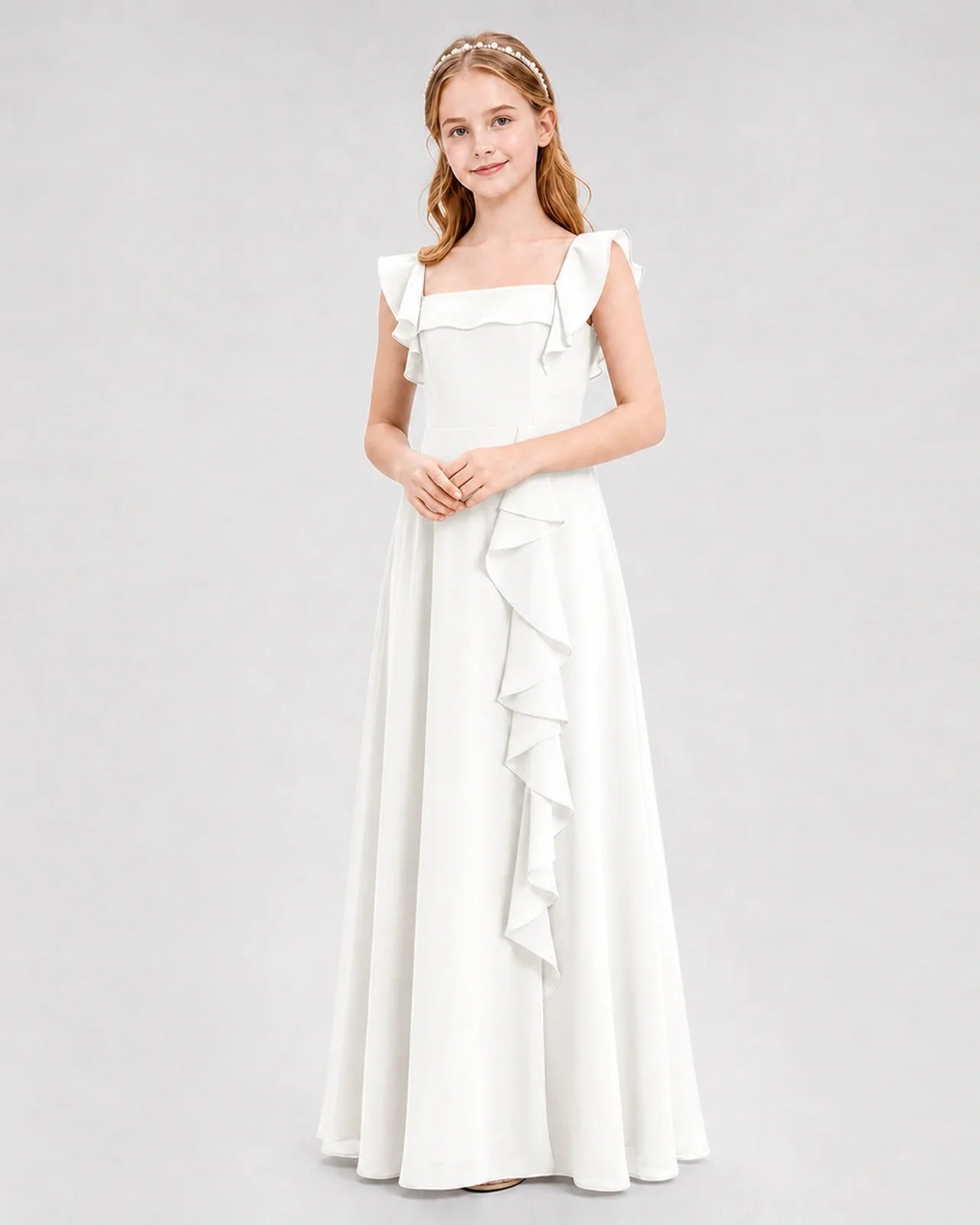 Dideyttawl Square Neck Ruffle Chiffon Junior Bridesmaid Dress with Slit
