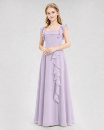 Dideyttawl Square Neck Ruffle Chiffon Junior Bridesmaid Dress with Slit