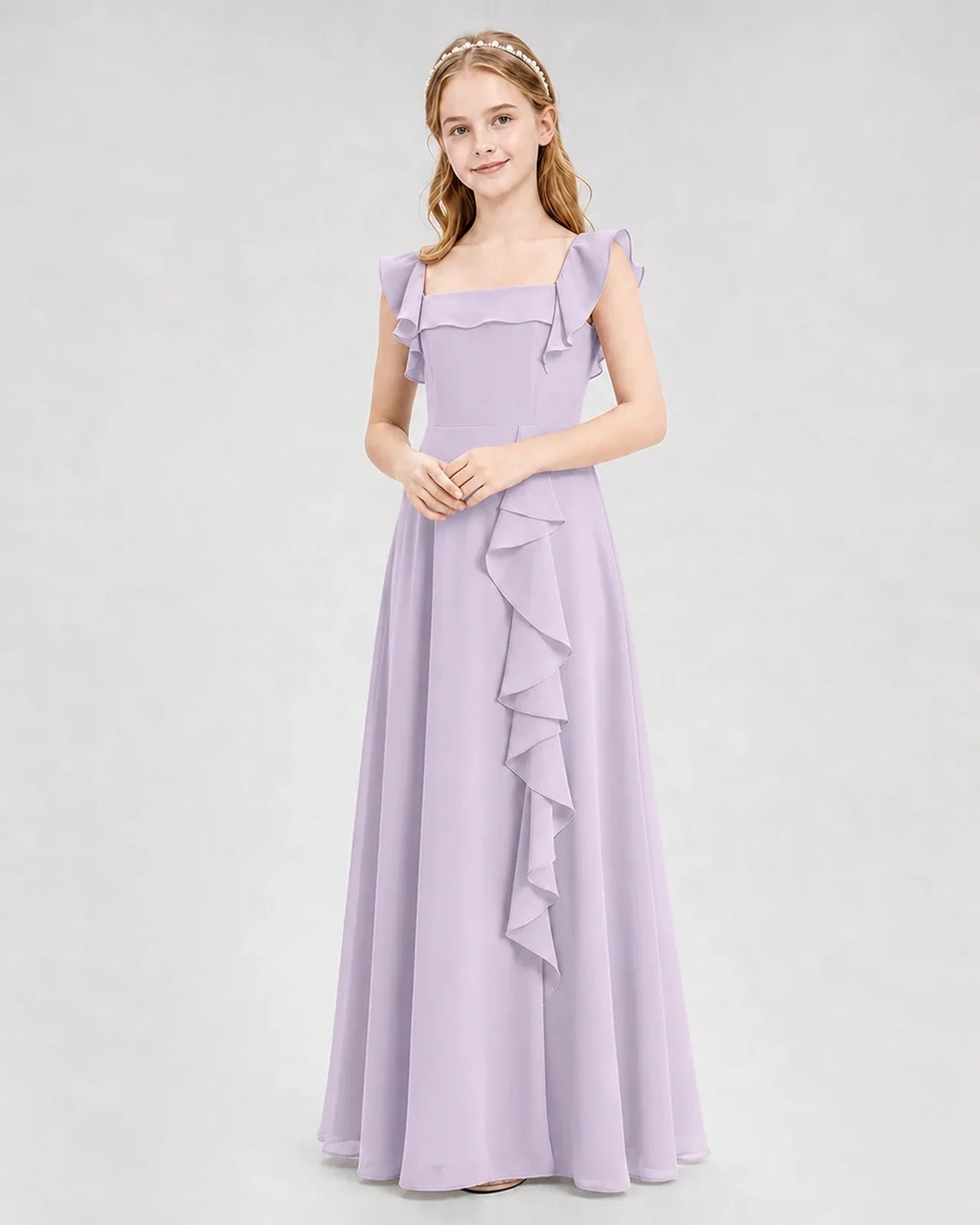 Dideyttawl Square Neck Ruffle Chiffon Junior Bridesmaid Dress with Slit