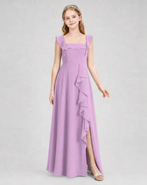 Dideyttawl Square Neck Ruffle Chiffon Junior Bridesmaid Dress with Slit