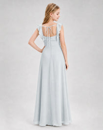 Dideyttawl Square Neck Ruffle Chiffon Junior Bridesmaid Dress with Slit