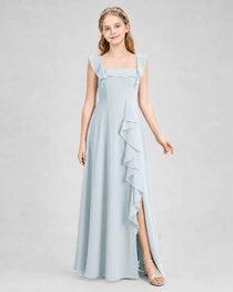 Dideyttawl Square Neck Ruffle Chiffon Junior Bridesmaid Dress with Slit