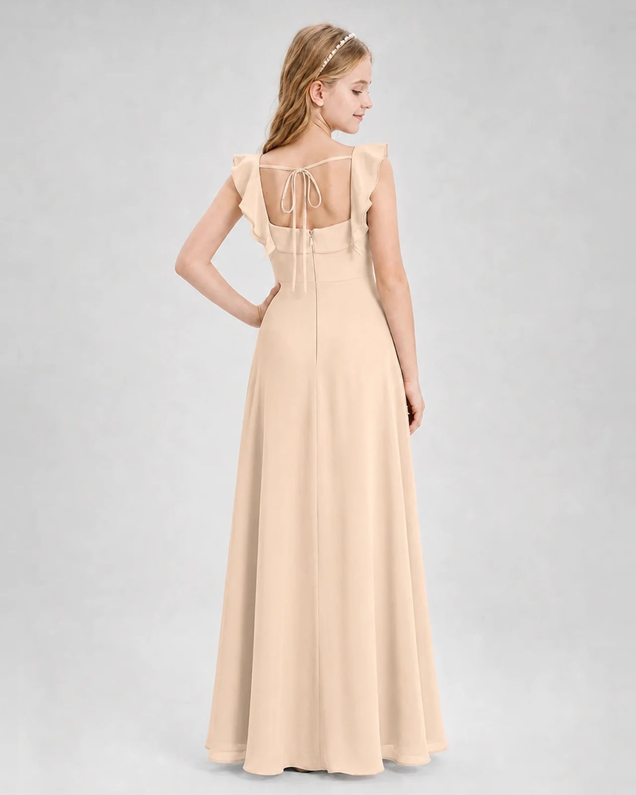 Dideyttawl Square Neck Ruffle Chiffon Junior Bridesmaid Dress with Slit