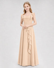 Dideyttawl Square Neck Ruffle Chiffon Junior Bridesmaid Dress with Slit