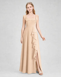 Dideyttawl Square Neck Ruffle Chiffon Junior Bridesmaid Dress with Slit