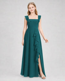 Dideyttawl Square Neck Ruffle Chiffon Junior Bridesmaid Dress with Slit
