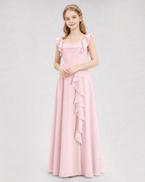 Dideyttawl Square Neck Ruffle Chiffon Junior Bridesmaid Dress with Slit