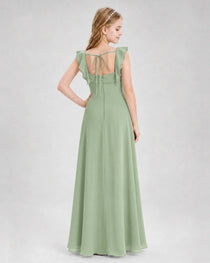 Dideyttawl Square Neck Ruffle Chiffon Junior Bridesmaid Dress with Slit