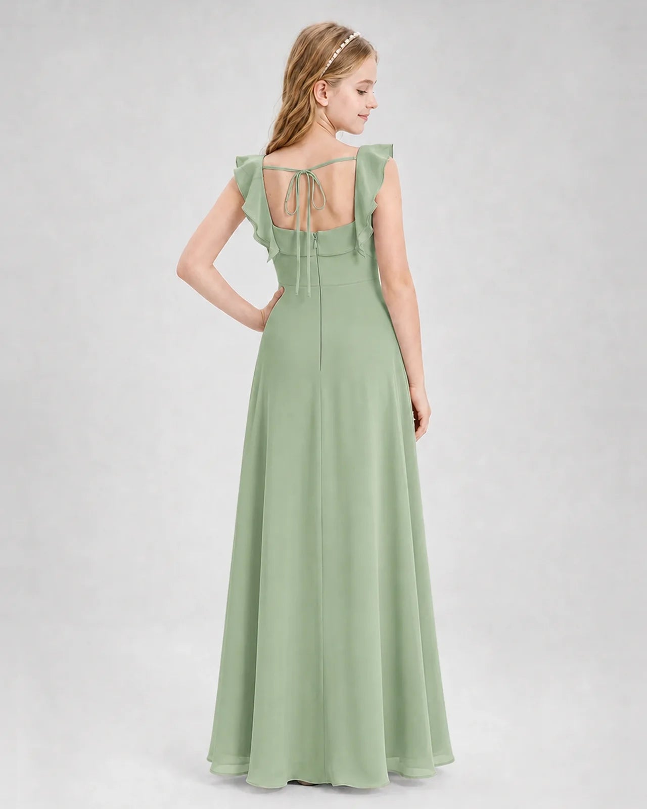 Dideyttawl Square Neck Ruffle Chiffon Junior Bridesmaid Dress with Slit