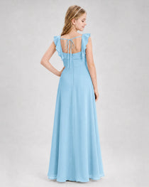 Dideyttawl Square Neck Ruffle Chiffon Junior Bridesmaid Dress with Slit
