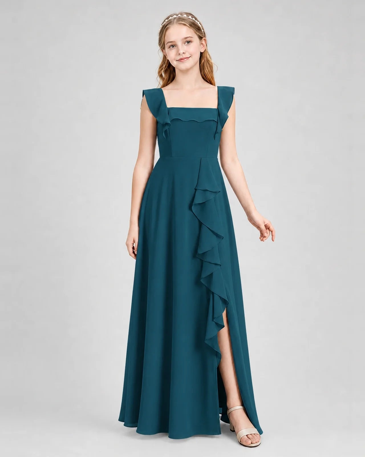Dideyttawl Square Neck Ruffle Chiffon Junior Bridesmaid Dress with Slit