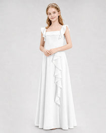 Dideyttawl Square Neck Ruffle Chiffon Junior Bridesmaid Dress with Slit