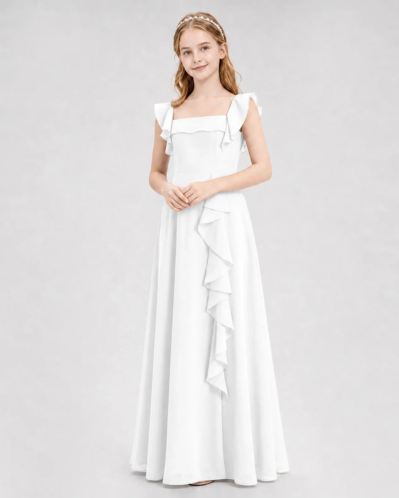 Dideyttawl Square Neck Ruffle Chiffon Junior Bridesmaid Dress with Slit