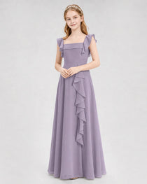 Dideyttawl Square Neck Ruffle Chiffon Junior Bridesmaid Dress with Slit