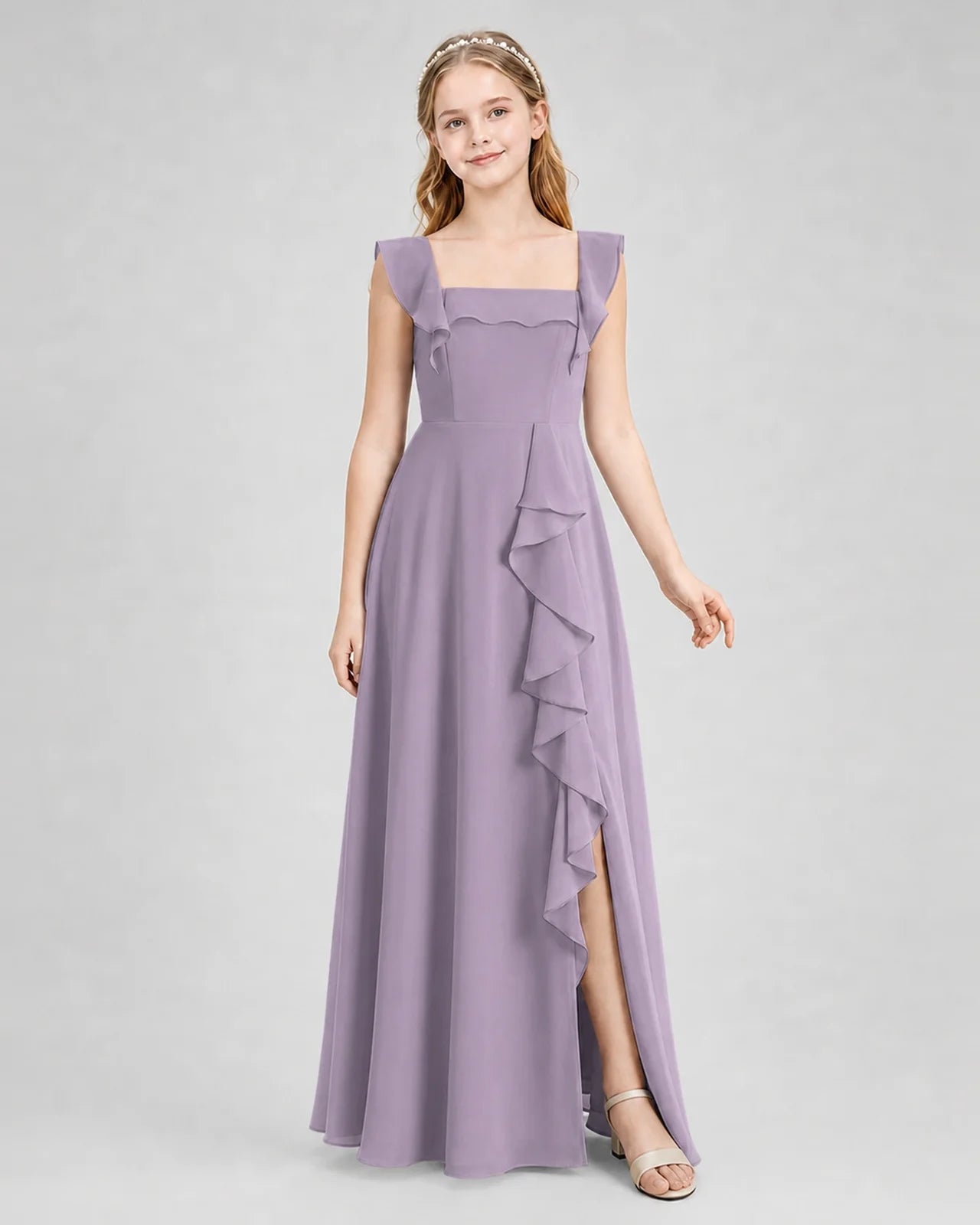 Dideyttawl Square Neck Ruffle Chiffon Junior Bridesmaid Dress with Slit