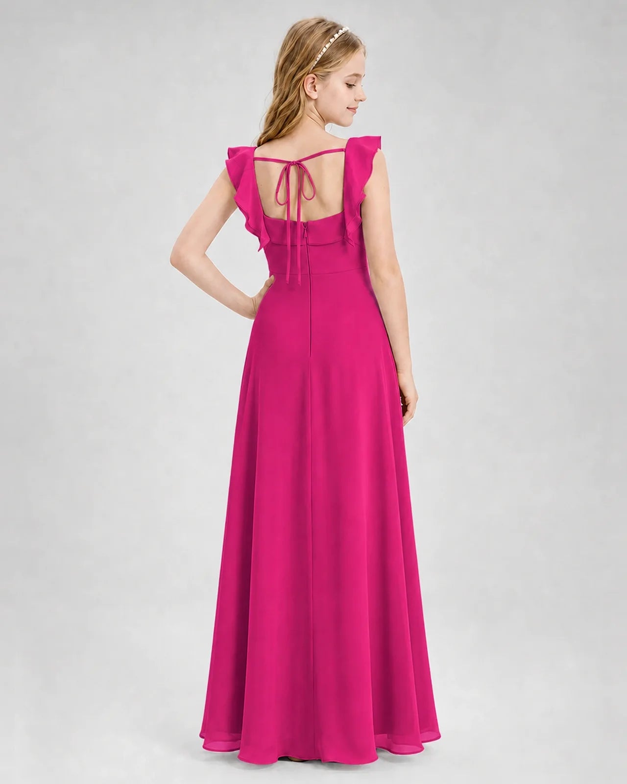 Dideyttawl Square Neck Ruffle Chiffon Junior Bridesmaid Dress with Slit