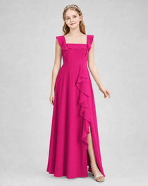 Dideyttawl Chiffon Junior Bridesmaid Dress with Ruffle Slit & Square Neck