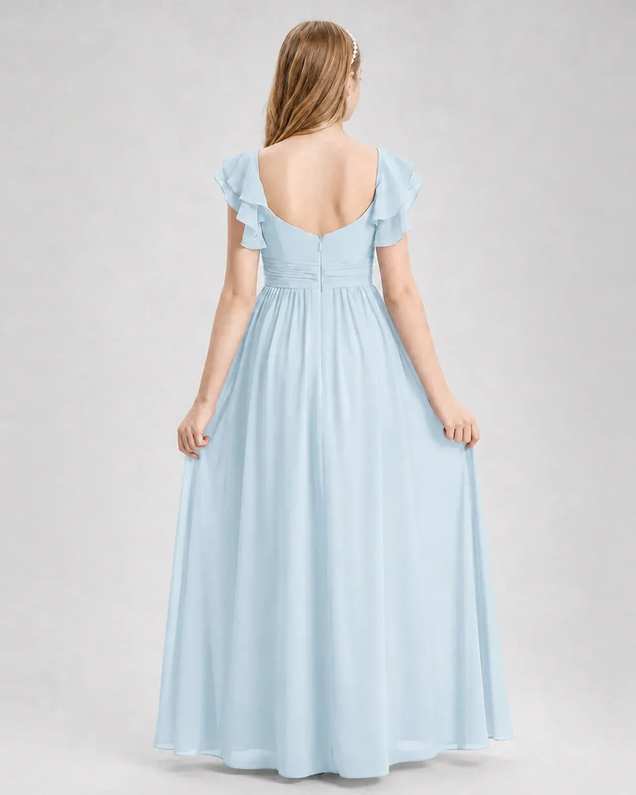 Babyblue Chiffon A-line Junior Bridesmaid Dress Back View