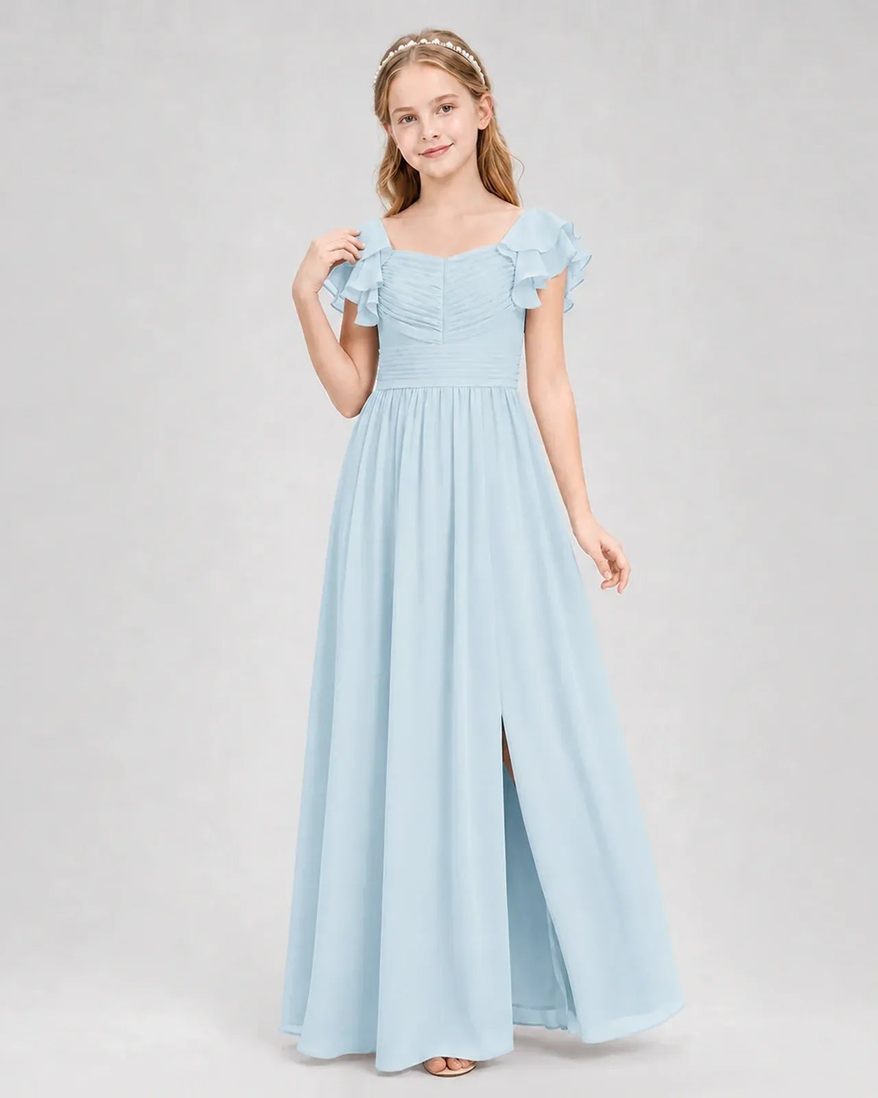 Babyblue Chiffon A-line Junior Bridesmaid Dress Front View