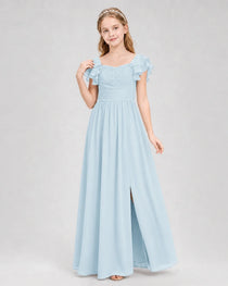 Dideyttawl Chiffon Junior Bridesmaid Dress with Ruched Bodice & Ruffle Sleeves