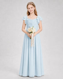 Dideyttawl Chiffon Junior Bridesmaid Dress with Ruched Bodice & Ruffle Sleeves