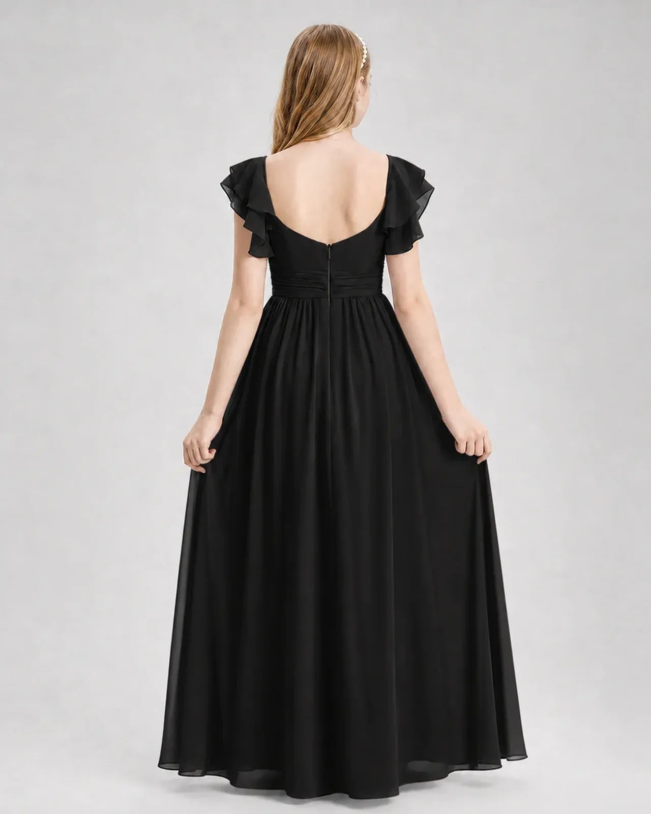 Black Chiffon A-line Junior Bridesmaid Dress Back View