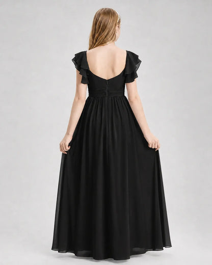 Black Chiffon A-line Junior Bridesmaid Dress Back View