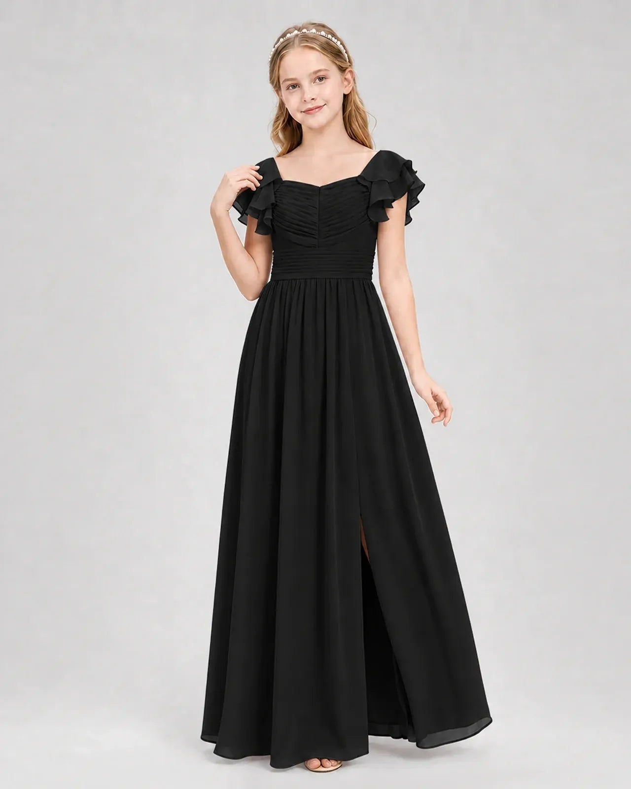 Black Chiffon A-line Junior Bridesmaid Dress Front View