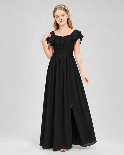 Black Chiffon A-line Junior Bridesmaid Dress Front View