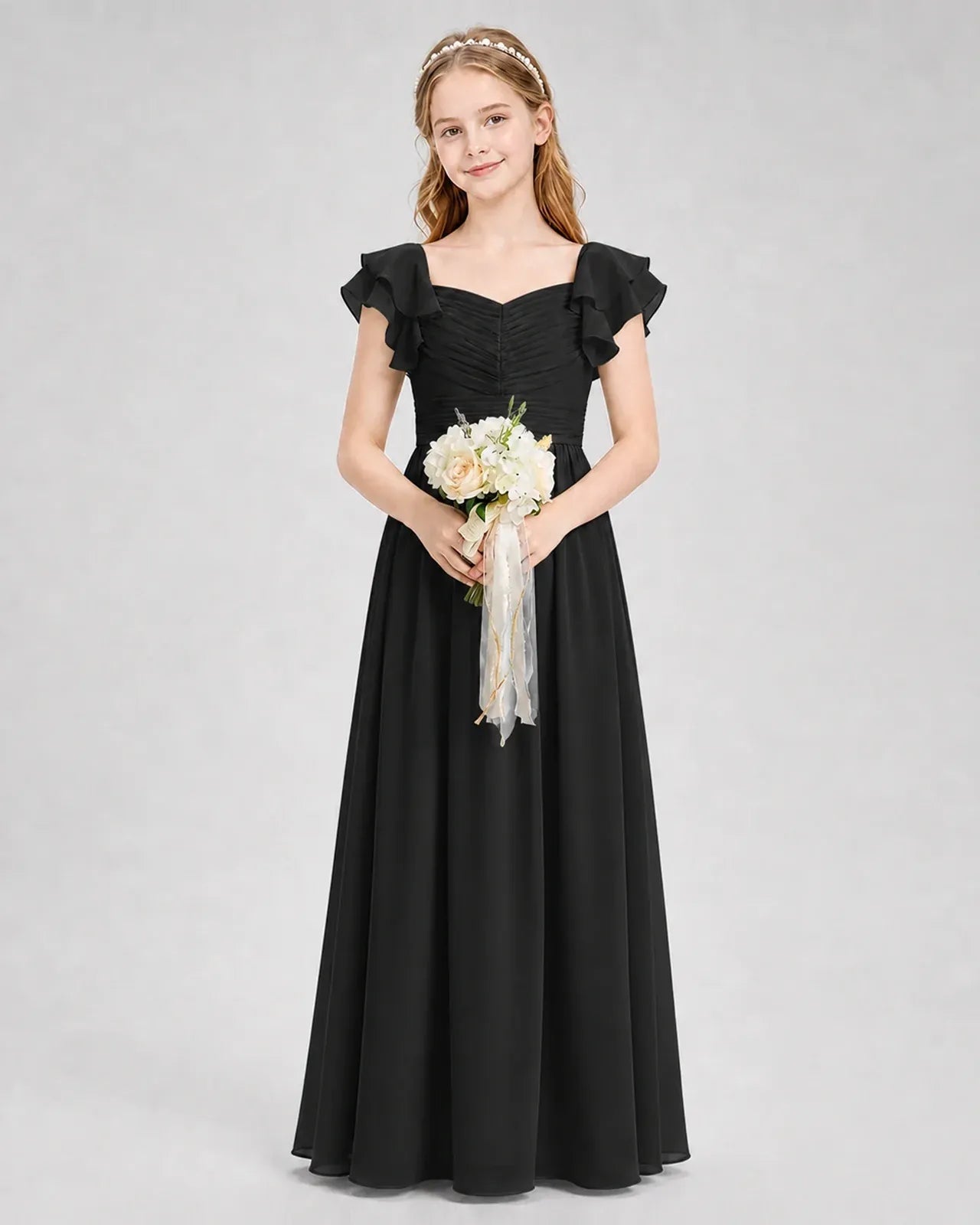 Black Chiffon A-line Junior Bridesmaid Dress Front View