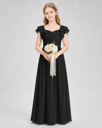 Dideyttawl Chiffon Junior Bridesmaid Dress with Ruched Bodice & Ruffle Sleeves