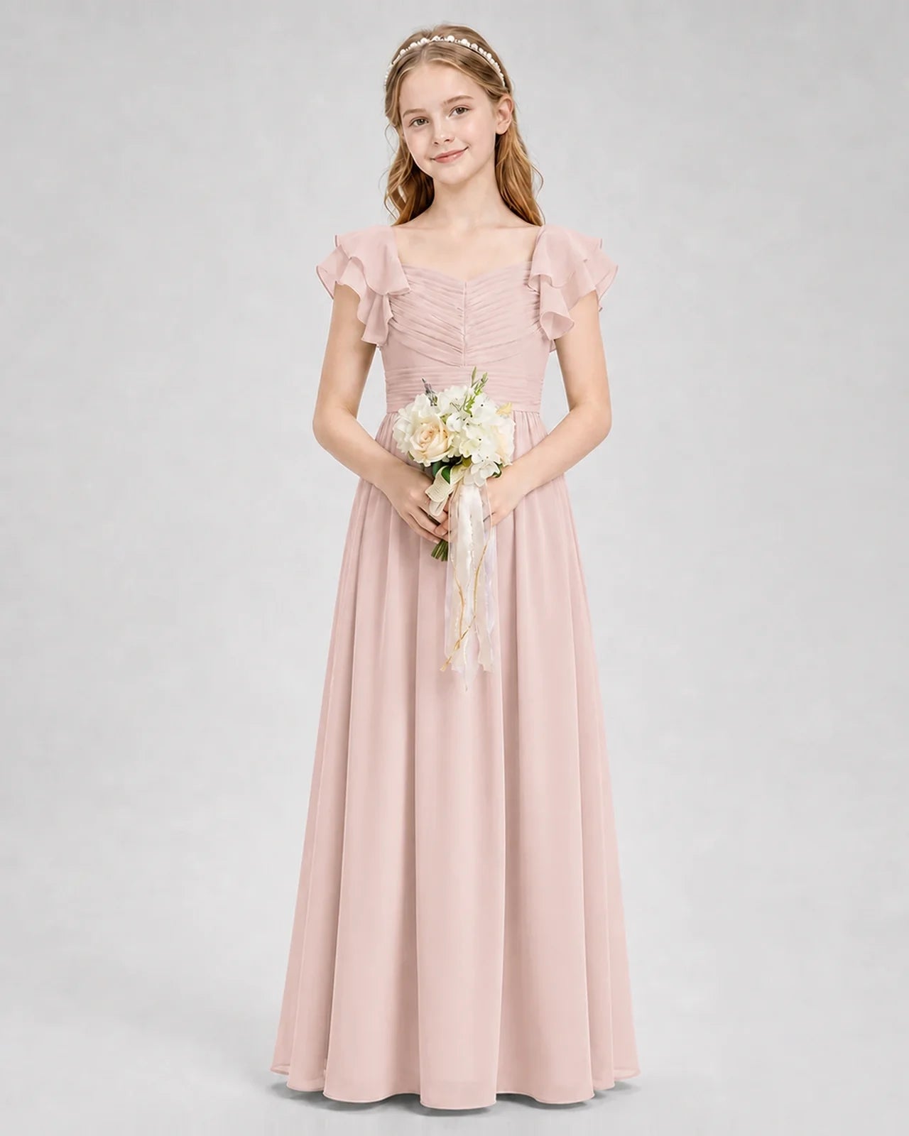 Dideyttawl Sweetheart Neck Ruffle Chiffon Junior Bridesmaid Dress