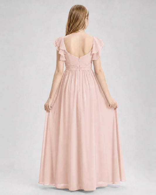Blush Pink Chiffon A-line Junior Bridesmaid Dress Back View