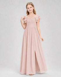 Dideyttawl Chiffon Junior Bridesmaid Dress with Ruched Bodice & Ruffle Sleeves