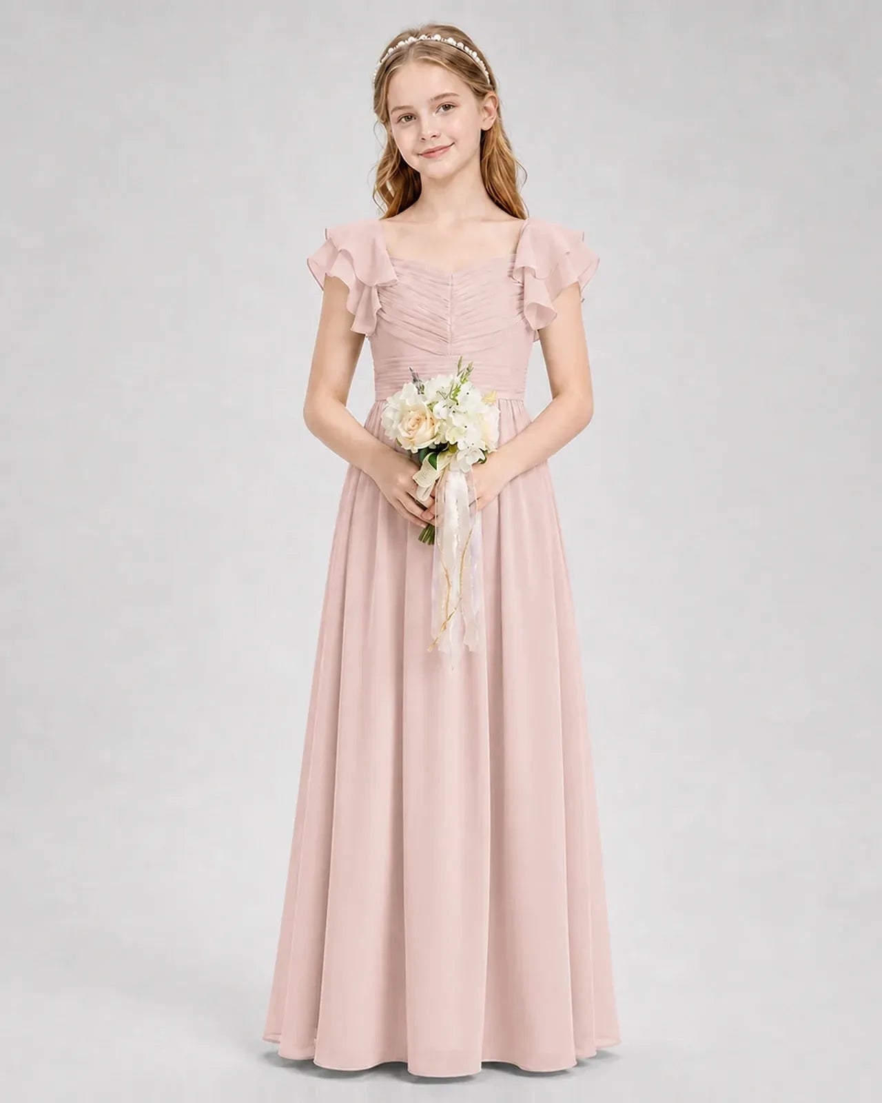 Blush Pink Chiffon A-line Junior Bridesmaid Dress Front View