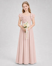 Dideyttawl Chiffon Junior Bridesmaid Dress with Ruched Bodice & Ruffle Sleeves