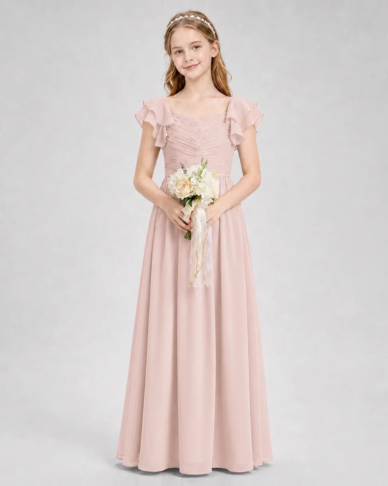 Dideyttawl Chiffon Junior Bridesmaid Dress with Ruched Bodice & Ruffle Sleeves