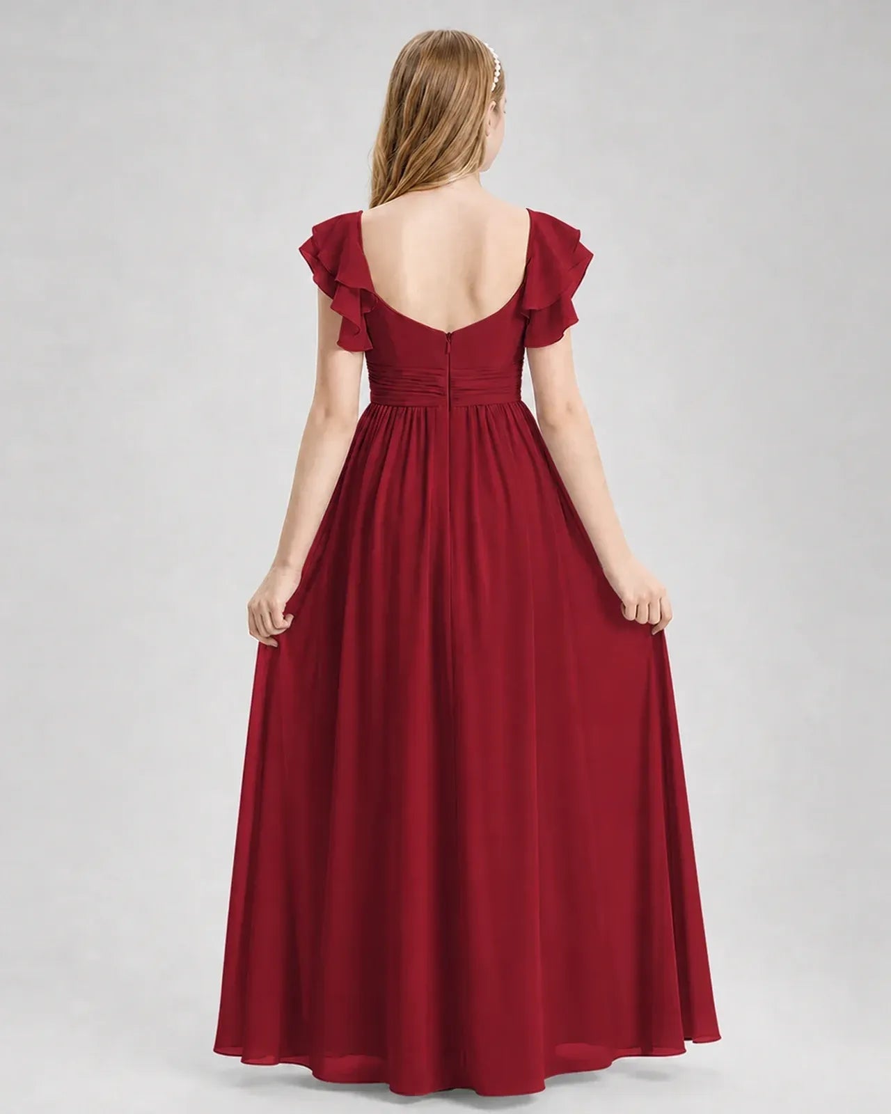 Burgundy Chiffon A-line Junior Bridesmaid Dress Back View