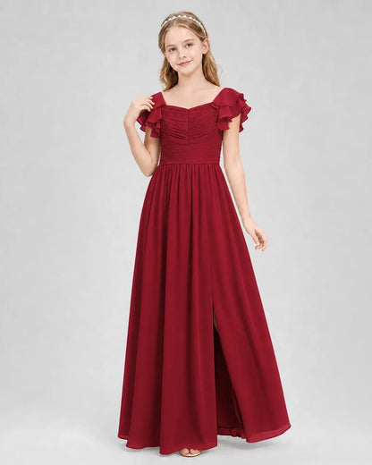 Burgundy Chiffon A-line Junior Bridesmaid Dress Front View