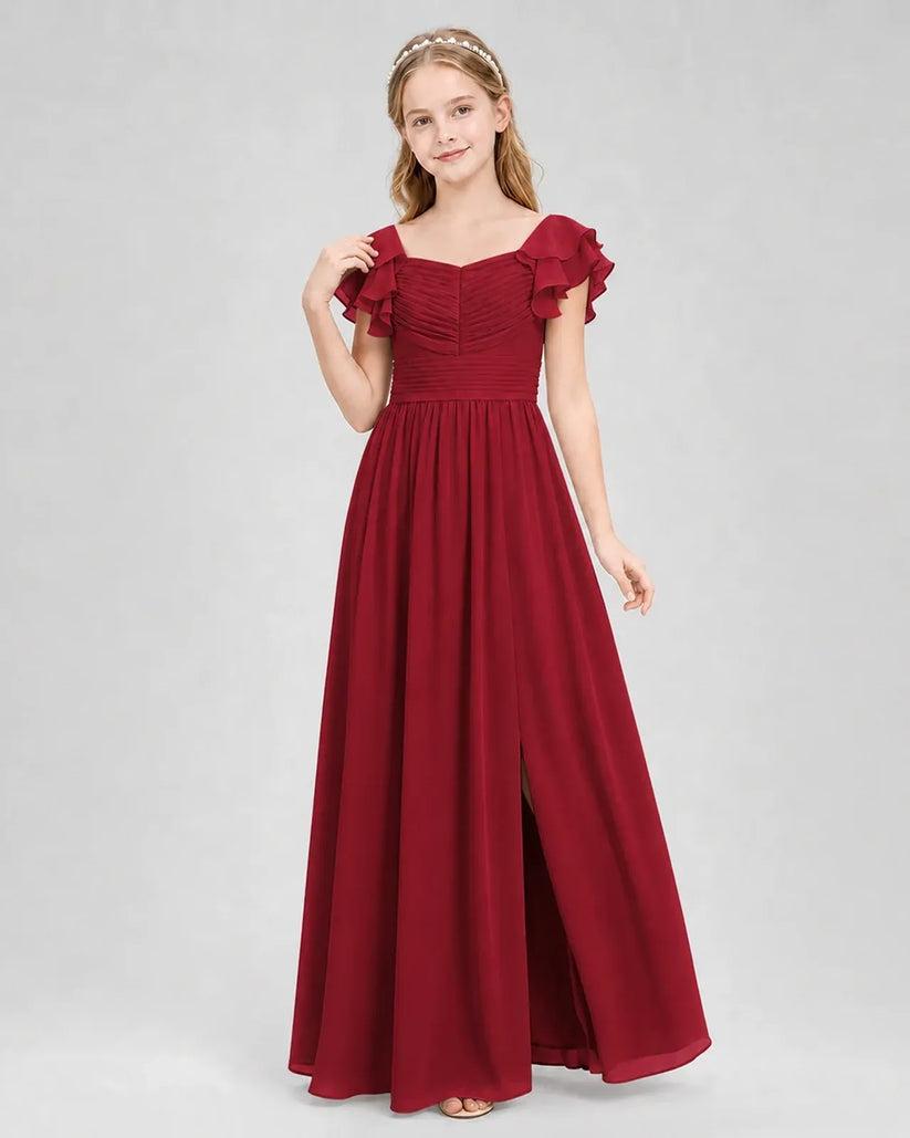 Burgundy Chiffon A-line Junior Bridesmaid Dress Front View