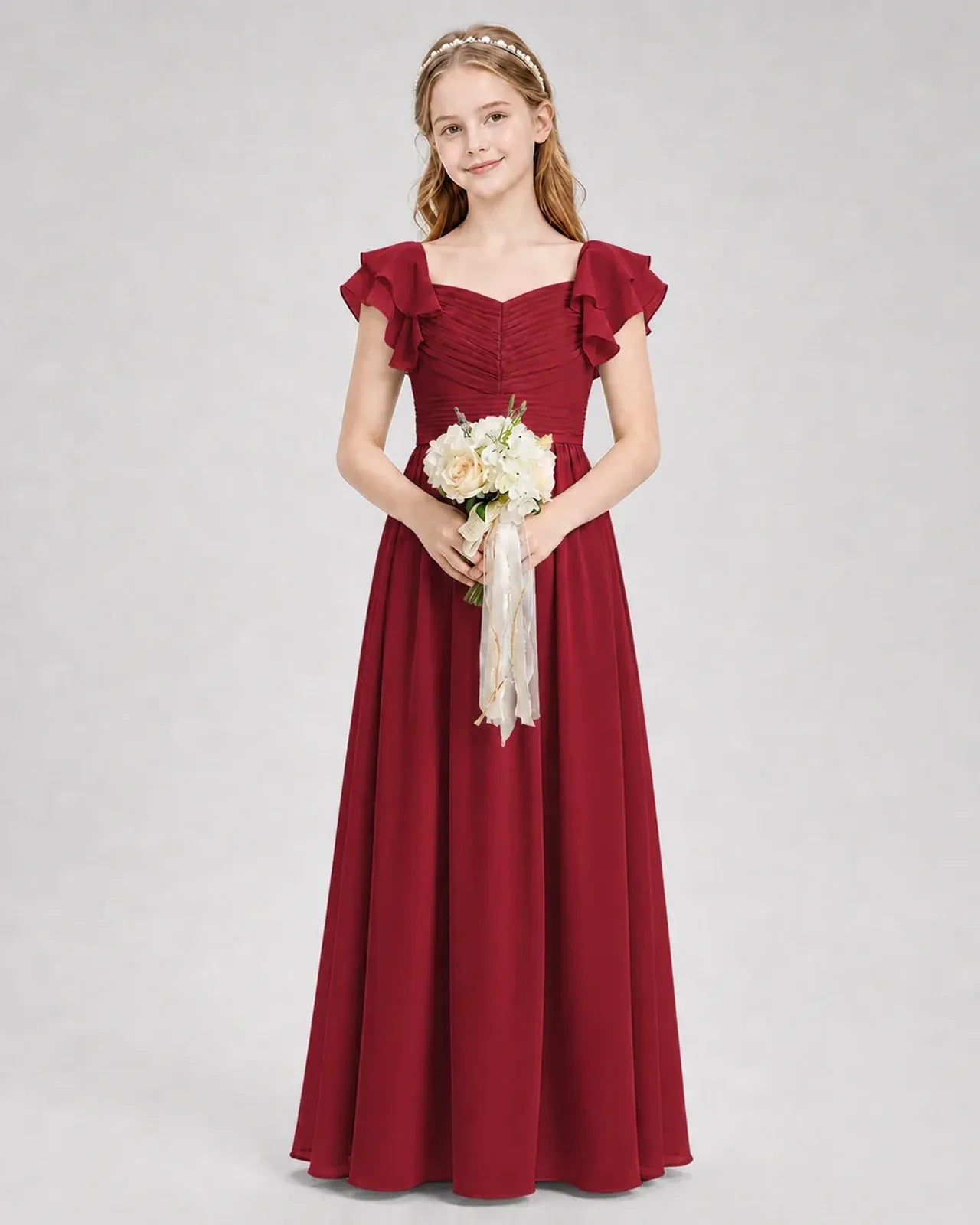 Burgundy Chiffon A-line Junior Bridesmaid Dress Front View