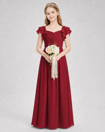 Dideyttawl Chiffon Junior Bridesmaid Dress with Ruched Bodice & Ruffle Sleeves
