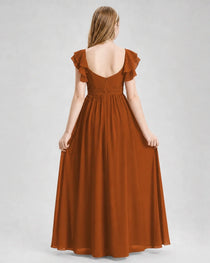 Dideyttawl Chiffon Junior Bridesmaid Dress with Ruched Bodice & Ruffle Sleeves