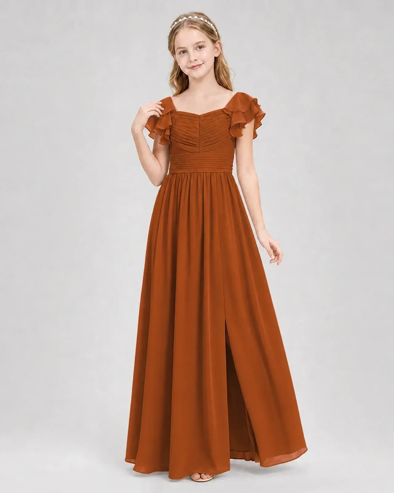 Burntorange Chiffon A-line Junior Bridesmaid Dress Front View