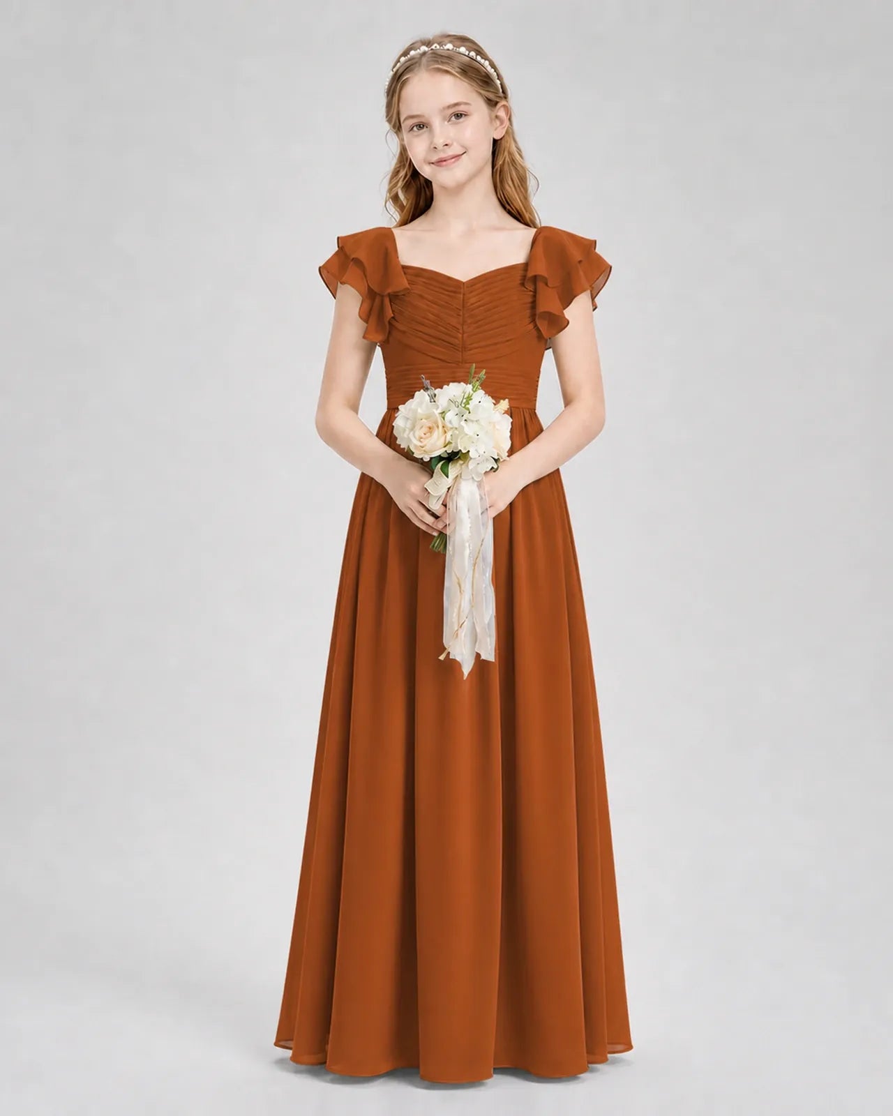 Burnt Orange Chiffon A-line Junior Bridesmaid Dress Front View