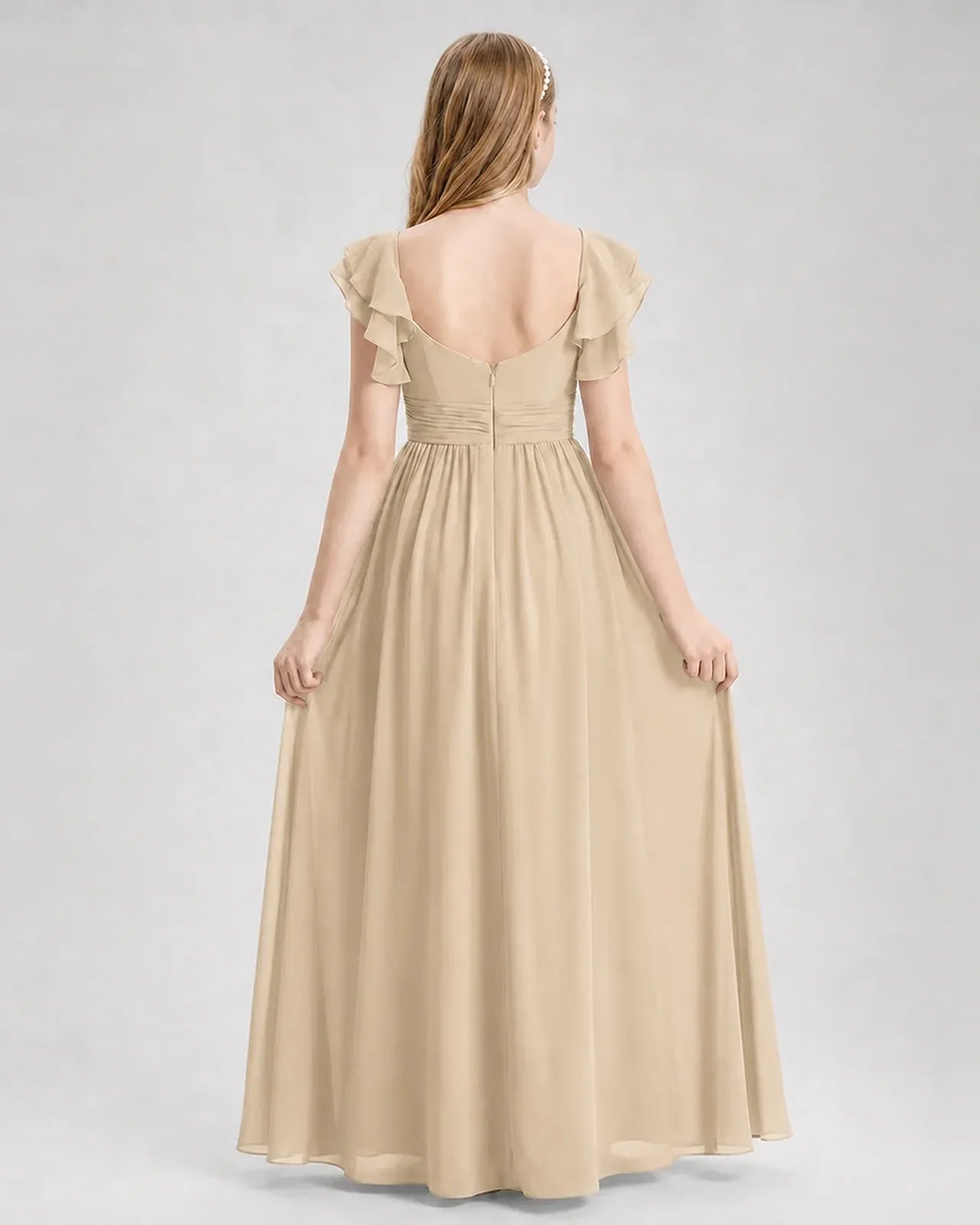 Champagne Chiffon A-line Junior Bridesmaid Dress Back View