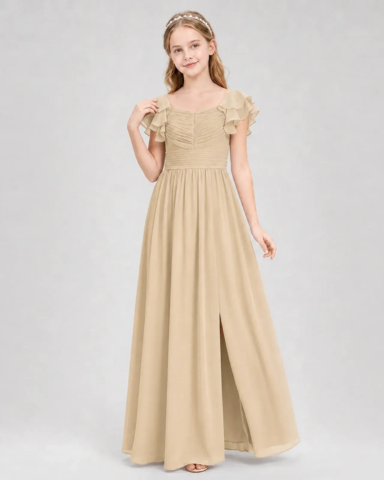 Champagne Chiffon A-line Junior Bridesmaid Dress Front View