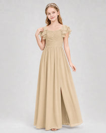 Dideyttawl Chiffon Junior Bridesmaid Dress with Ruched Bodice & Ruffle Sleeves